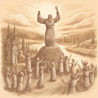 The Slavs are dancing around a huge bonfire, evening, a large hill, there is a large wooden idol of Perun, a river in the distance.