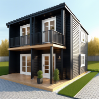 modular house, 6x6 meters in size, in dark colors, covered with clapboard