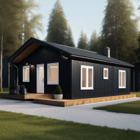 one-story modular house, with a veranda, 6x6 meters in size, in dark colors, covered with clapboard