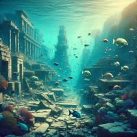 The legend of Atlantis is a sunken underwater city at the bottom of the deepest ocean. fish swim through the streets of the city. photorealism