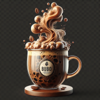 A realistic image of a craft coffee cup filled with bubble coffee. The cup is adorned with a logo that says 'BUBO'. Above the cup, there's a thick, wispy smoke rising. The cup is uniquely sealed with coffee leaves, giving it a natural, artistic touch. The background is transparent, and the image is in a vertical 9:16 format