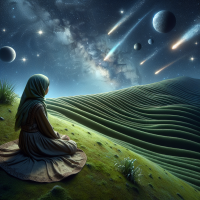 a girl sitting with her back on a green hill, waiting for her fate, above her is a starry sky with comets and planets, realistic, rendering, 3d