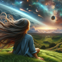 a girl with beautiful loose hair sitting with her back on a green hill, waiting for her fate, above her is a starry sky with comets and planets, realistic, rendering, 3d