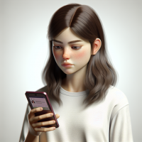 A white girl who cancelled her subscription to a good service. In the photo, one person is holding a phone, regretting her decision, 3d, realistic
