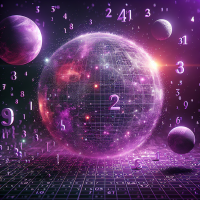 make an image of 1920 pixels long and 900 pixels wide, which shows numbers and planets in purple tones, HD quality, 3D rendering
