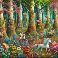 whimsical woodland glade where trees are painted in patchworks of bright hues, and fairies and unicorns frolic amidst fields of wildflowers