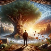 Imagine a picture: in the foreground, a strong tree with thick bark, its crown slightly drooping, symbolizing connection and the past. Surrounding it is a bright dawn sky, filled with fresh hopes and new beginnings. Below, scattered leaves are slowly carried away by the wind, representing letting go of the past and embracing change. In the center, a person with a half-smile, looking forward, their arms open and their eyes shining, symbolizing inner strength and faith in the future. This painting reminds us that even after a storm, there is still light, and every new day is a chance to start over.