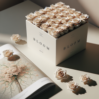 A lot of small pale cream roses in a white square box. The box has the inscription 