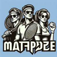 Image of a logo for a 3-person team in a big tennis game, where one tall guy has a tennis band on his head, dark hair, and a racket in his hands, another shorter guy has sunglasses, dark hair, and a racket in his hands, and a slim and tall girl with black hair and a racket in her hands, with the text 