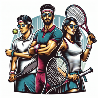Image of a logo for a 3-person team in a big tennis game, where one tall guy has a tennis band on his head, dark hair, and a racket in his hands, another shorter guy has sunglasses, dark hair, and a racket in his hands, and a slim and tall girl with black hair and a racket in her hands, with the text 