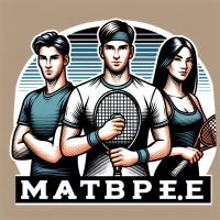Image of a logo for a 3-person team in a big tennis game, where one tall guy has a tennis band on his head, dark hair, and a racket in his hands, another shorter guy has dark hair, and a racket in his hands, and a slim and tall girl with black hair and a racket in her hands, with the text 