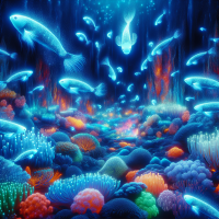 surreal underwater world where bioluminescent creatures glow in eerie blue hues, and schools of multicolored fish swim through a kingdom of kaleidoscopic corals
