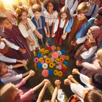 Создай картинку в реальном стиле где дети играют в народный хоровод