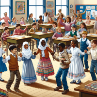 Создай картинку, где дети в школе, в реальном стиле где дети играют в народный хоровод