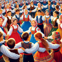 Создай картинку, где русские дети в школе, в реальном стиле где дети играют в народный хоровод