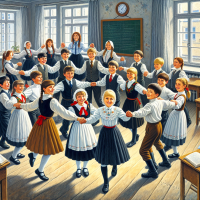 Создай картинку, где русские дети в школьной форме в школе, в реальном стиле где дети играют в народный хоровод