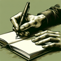 Изображение в Оливковое белом цвете как рука пишет что-то в книге 