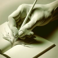 Изображение в Оливковое белом цвете как рука пишет что-то в книге в более образно варианте 