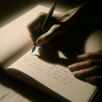 Нарисуй рисунок образный в Оливковое белом цвете, как рука пишет что-то в книге